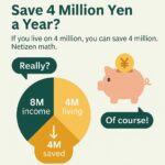 A minimalist graphic showing annual savings of 4 million yen for someone earning 8 million yen, with budget and expense icons.